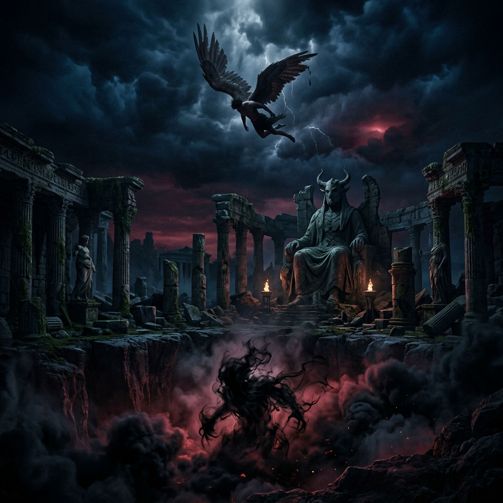 Horned deity statue in ruined temple beneath lightning and flying winged figure